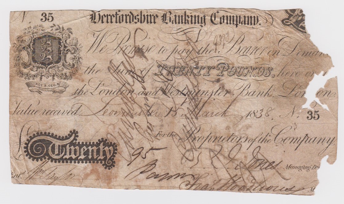 Herefordshire Banking Company 20 Pounds dated 15th March 1838, serial No. 35 for the Proprietors