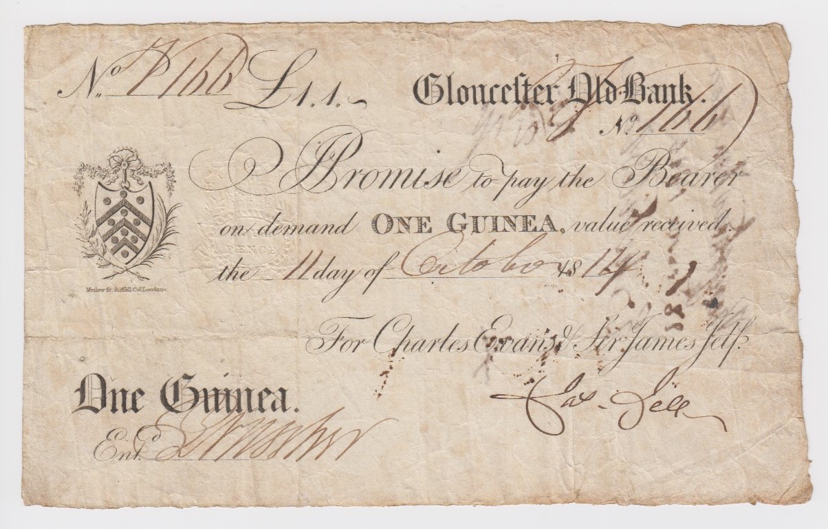 Gloucester Old Bank 1 Guinea dated 1814, serial No.7166 for Charles Evans & Sir James Jelp (