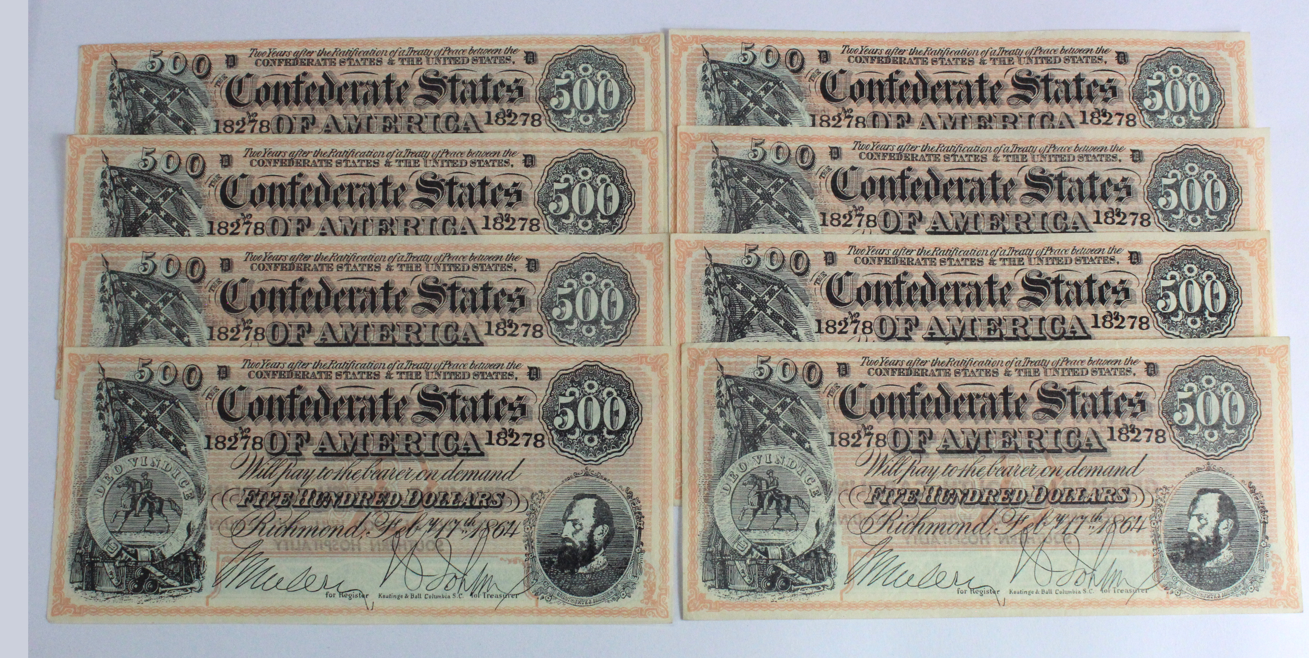 Confederate States of America 500 Dollars (8), a group of good modern COPIES for advertising