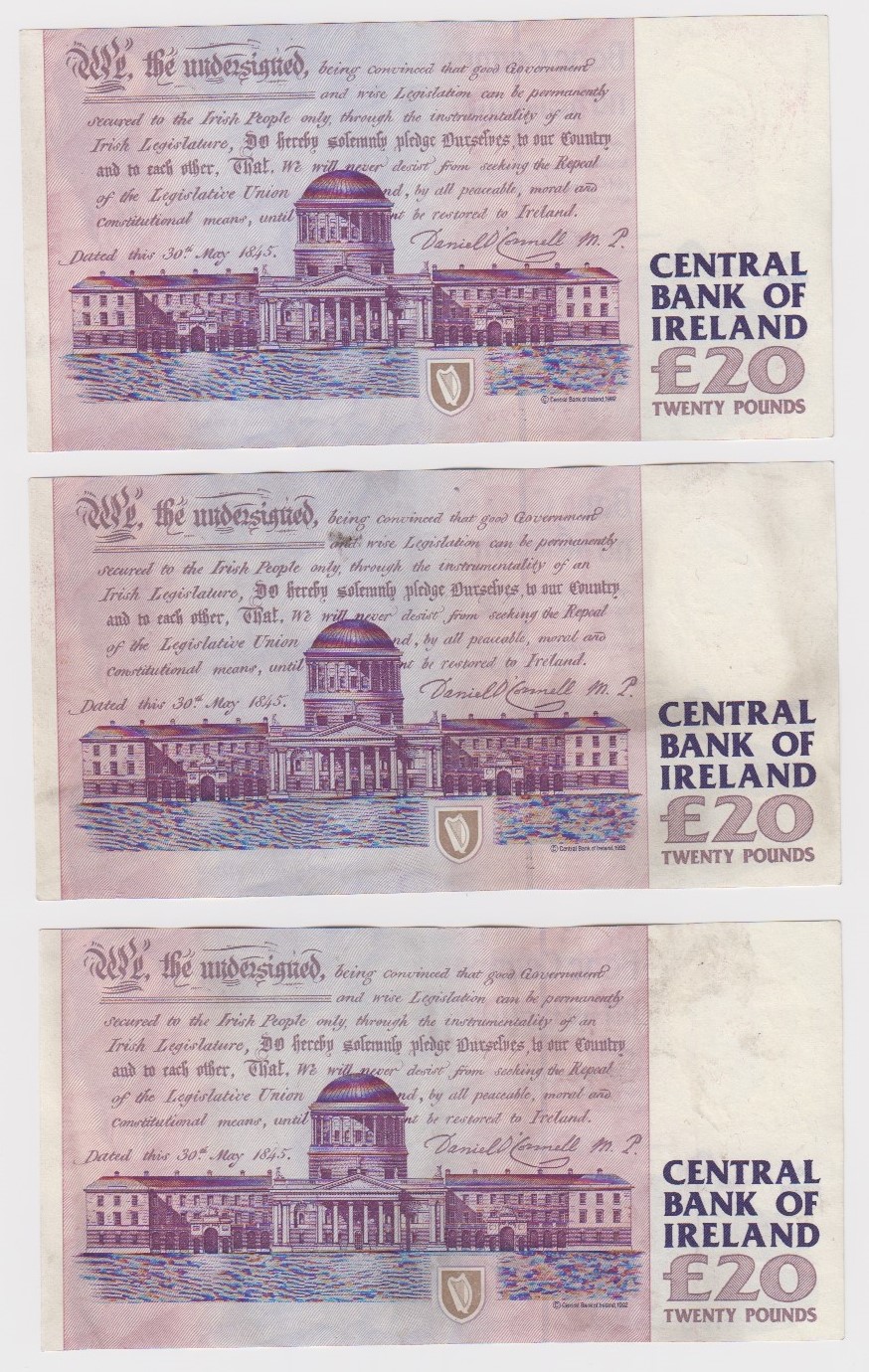 Ireland Republic 20 Pounds (3) dated 15th May 1996, includes a consecutively numbered pair (PMI - Image 2 of 2