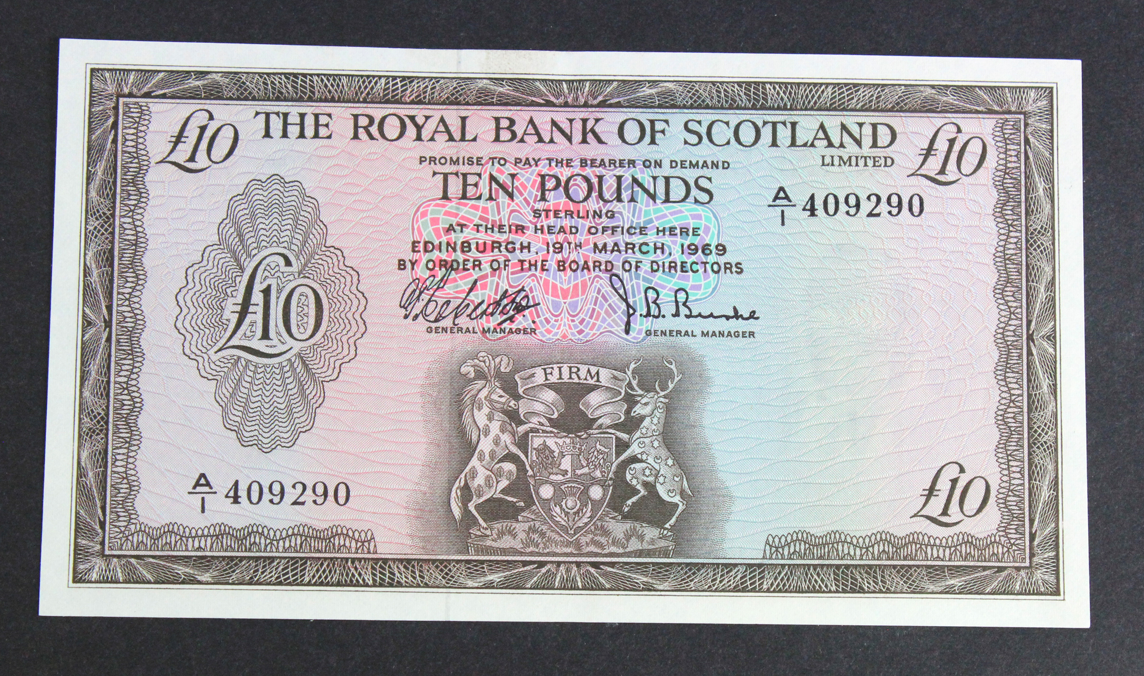 Scotland, Royal Bank of Scotland 10 Pounds dated 19th March 1969, signed Robertson & Burke, serial