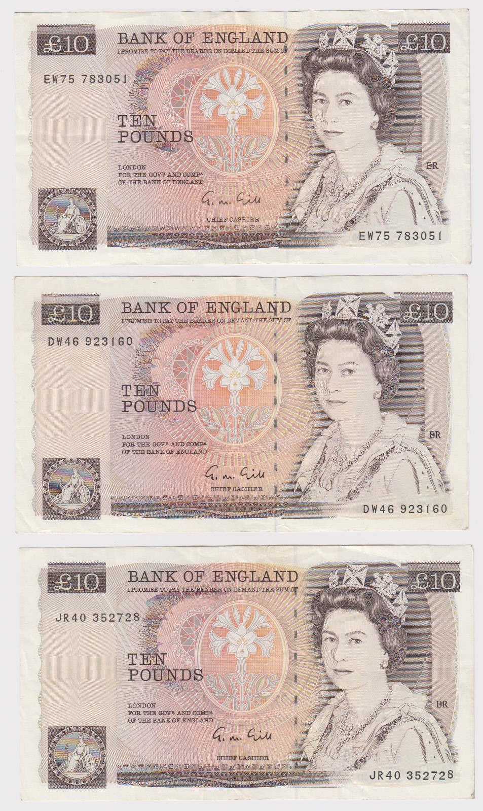 Gill 10 Pounds (3) issued 1988, pictorial series D, including a LAST SERIES note with 'JR' prefix,