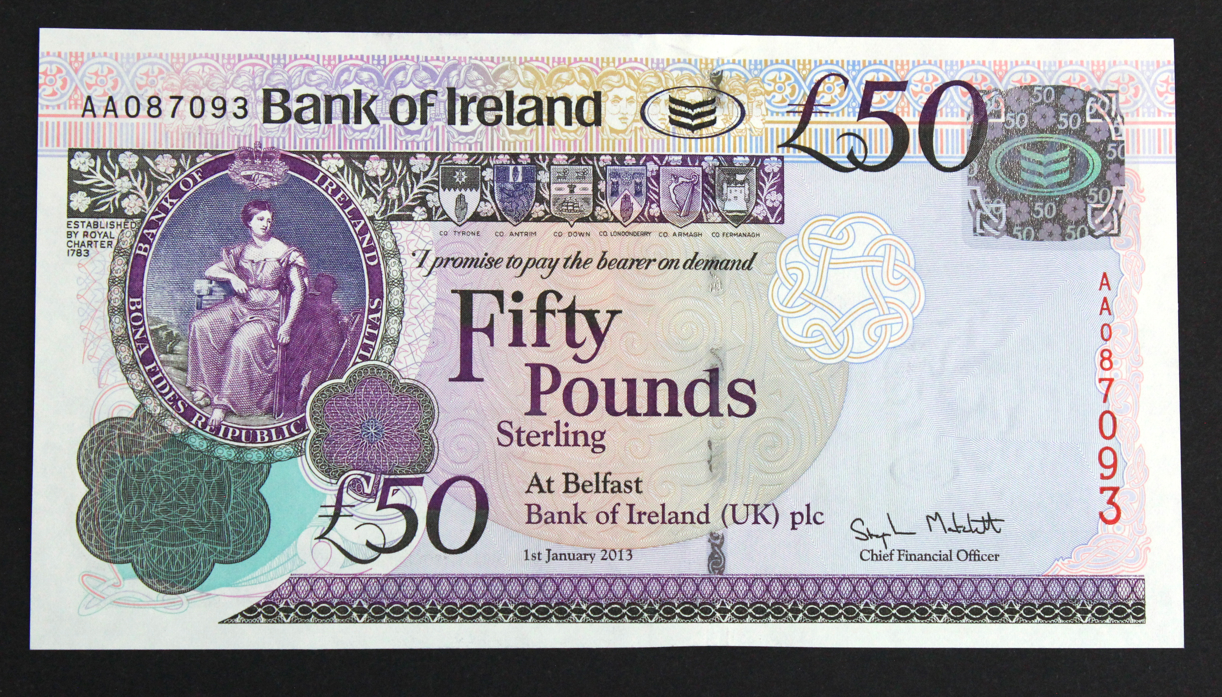 Northern Ireland, Bank of Ireland 50 Pounds dated 1st January 2013, signed Stephen Matchett, first