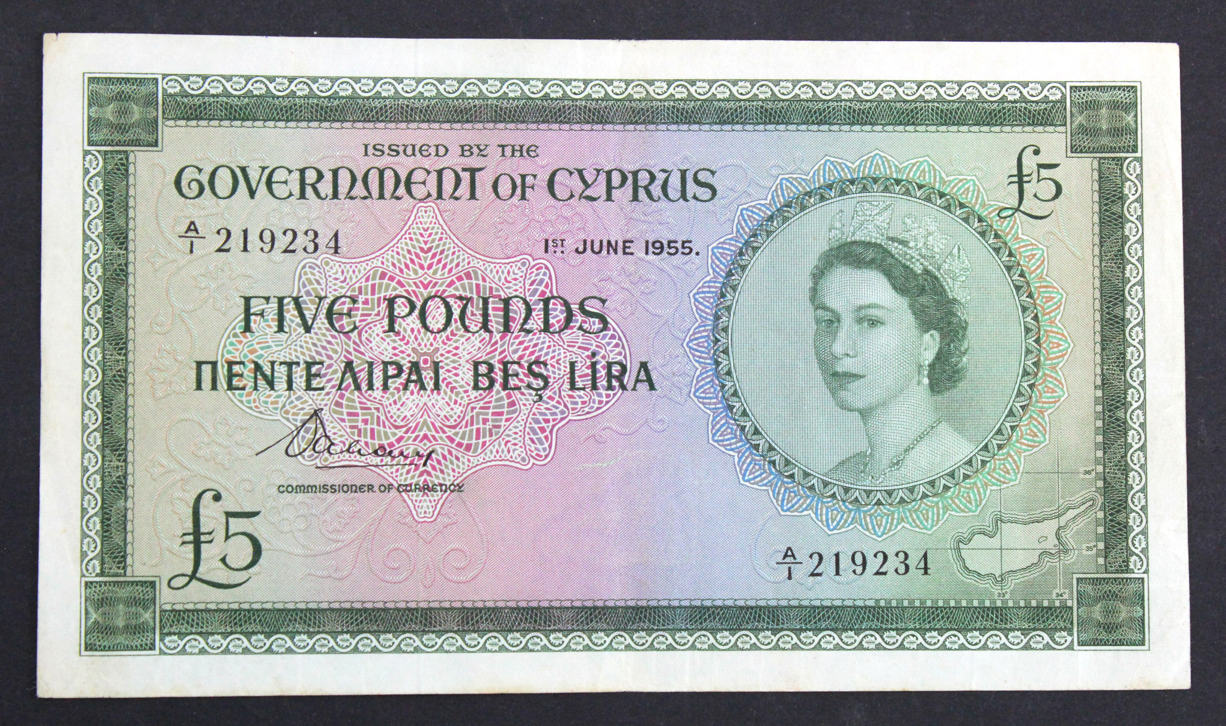 Cyprus 5 Pounds dated 1st June 1955, Queen Elizabeth II portrait at right, scarcer FIRST PREFIX,