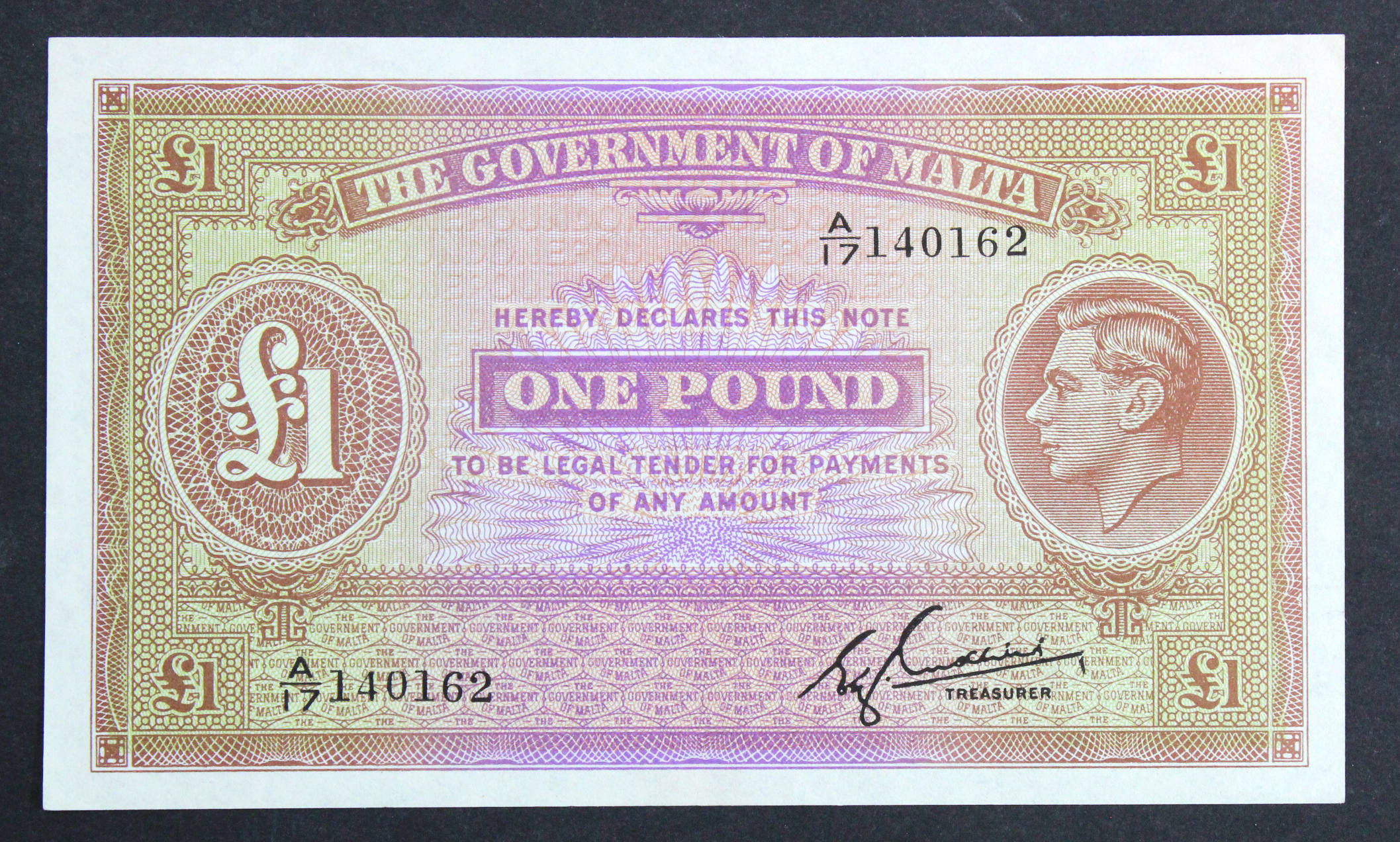 Malta 1 Pound issued 1940, portrait King George VI at right, rarer issue with title 'TREASURER' in