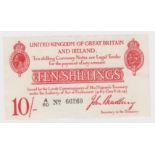 Bradbury 10 Shillings issued 1915, FIRST PREFIX of issue, 5 digit serial number A/60 66260 (T12.1,