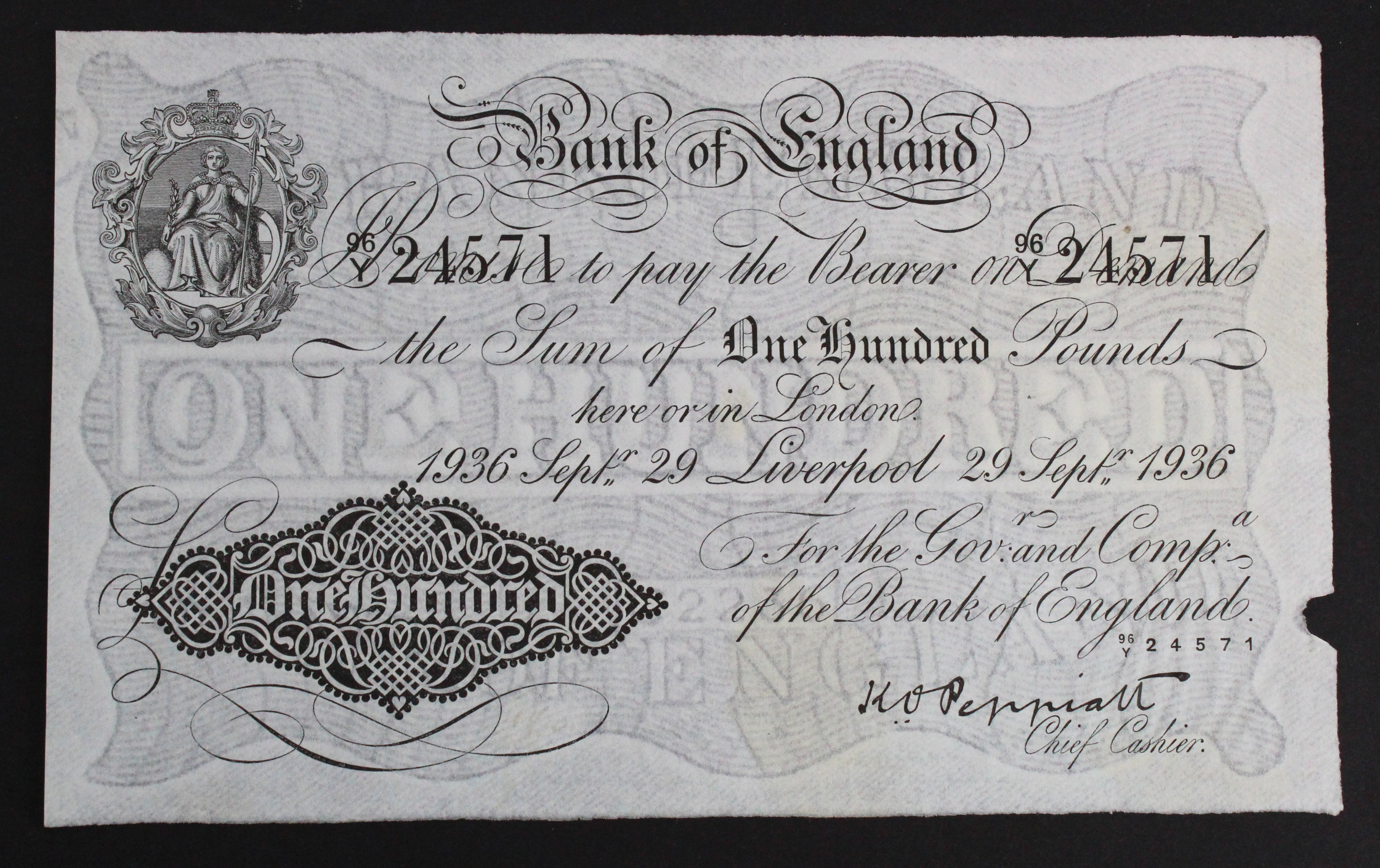 Peppiatt 100 Pounds white note dated 29th September 1936, LIVERPOOL branch issue, serial 96/Y