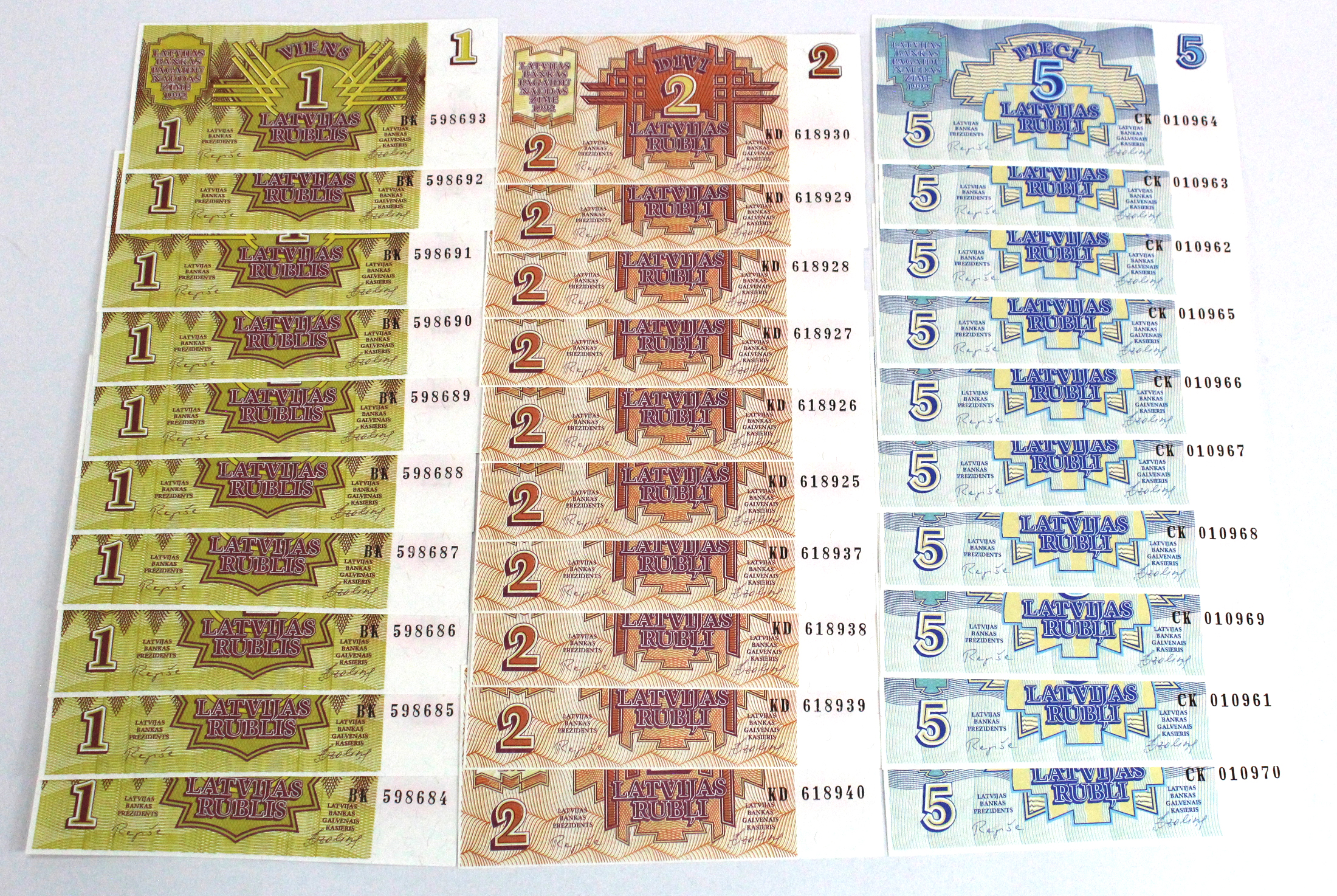 Latvia (60), 10 x sets of 6 notes comprising 50 Rublu, 20 Rublu, 10 Rublu, 5 Rubli, 2 Rubli and 1