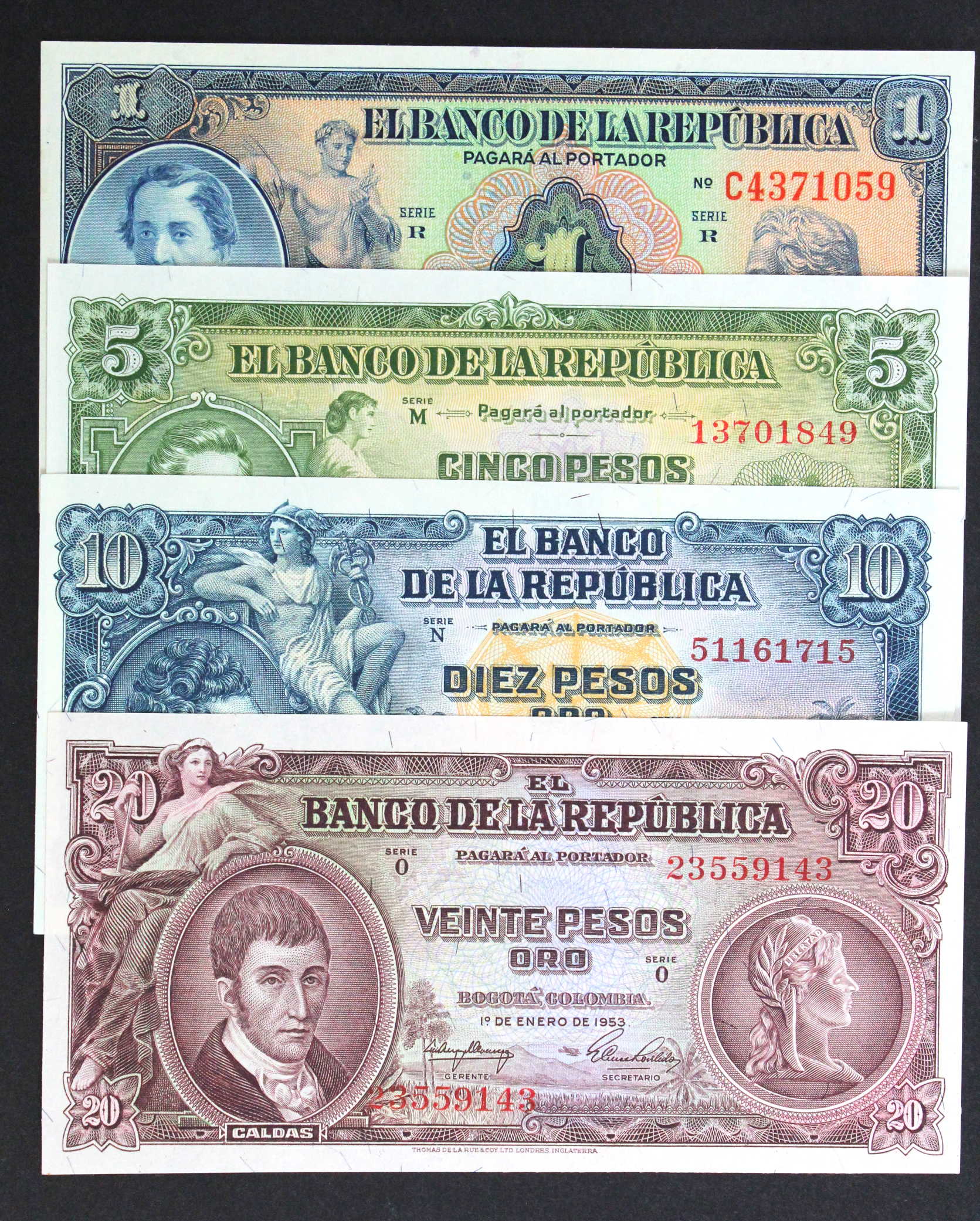 Colombia (4), 20 Pesos Oro dated 1953, 10 Pesos Oro dated 1960, 5 Pesos Oro dated 1953 & 1 Peso