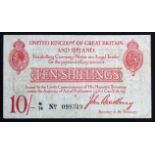 Bradbury 10 Shillings issued 1915, serial N/74 099349 (T13.1, Pick348a) some dirt/stains, Fine+