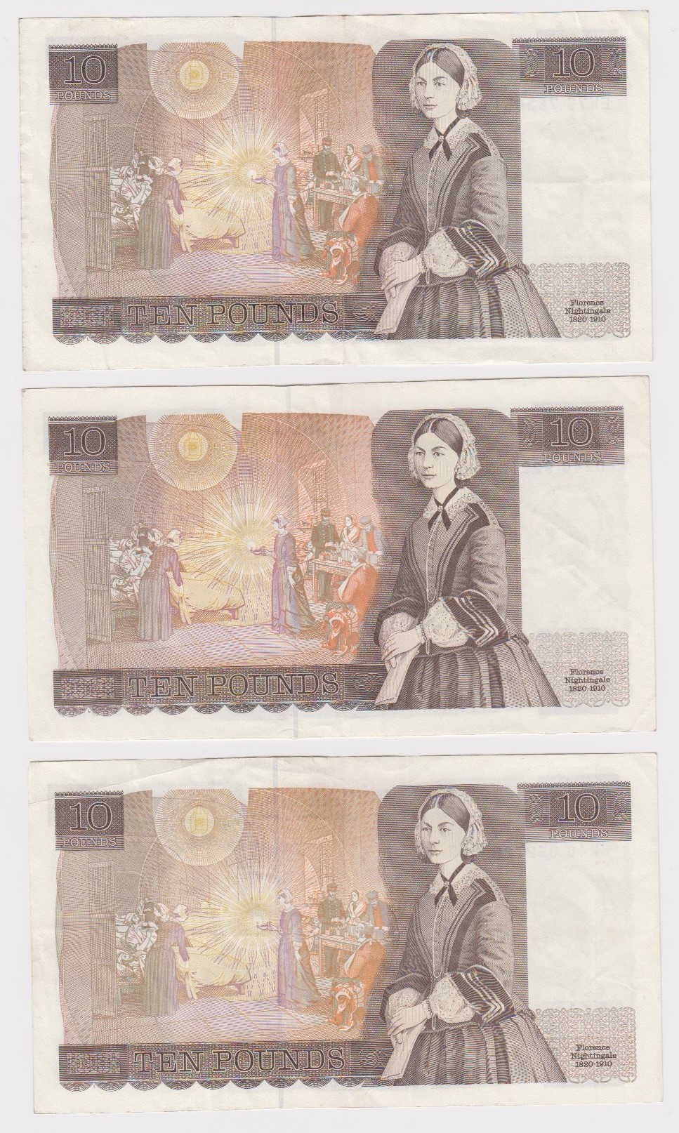 Gill 10 Pounds (3) issued 1988, pictorial series D, including a LAST SERIES note with 'JR' prefix, - Image 2 of 2