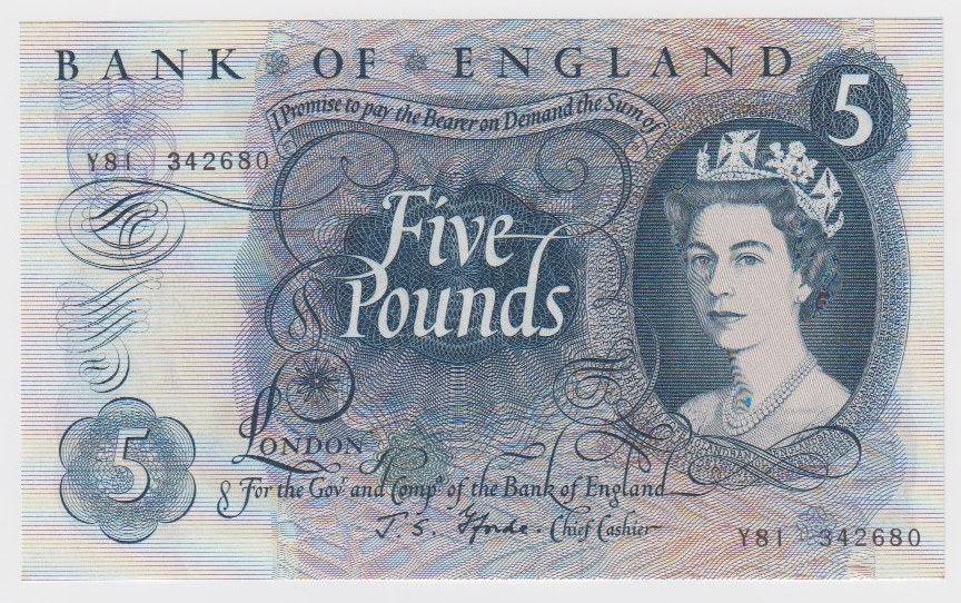 Fforde 5 Pounds issued 1967, serial Y81 342680 (B312, Pick375b) very light dents in paper, about