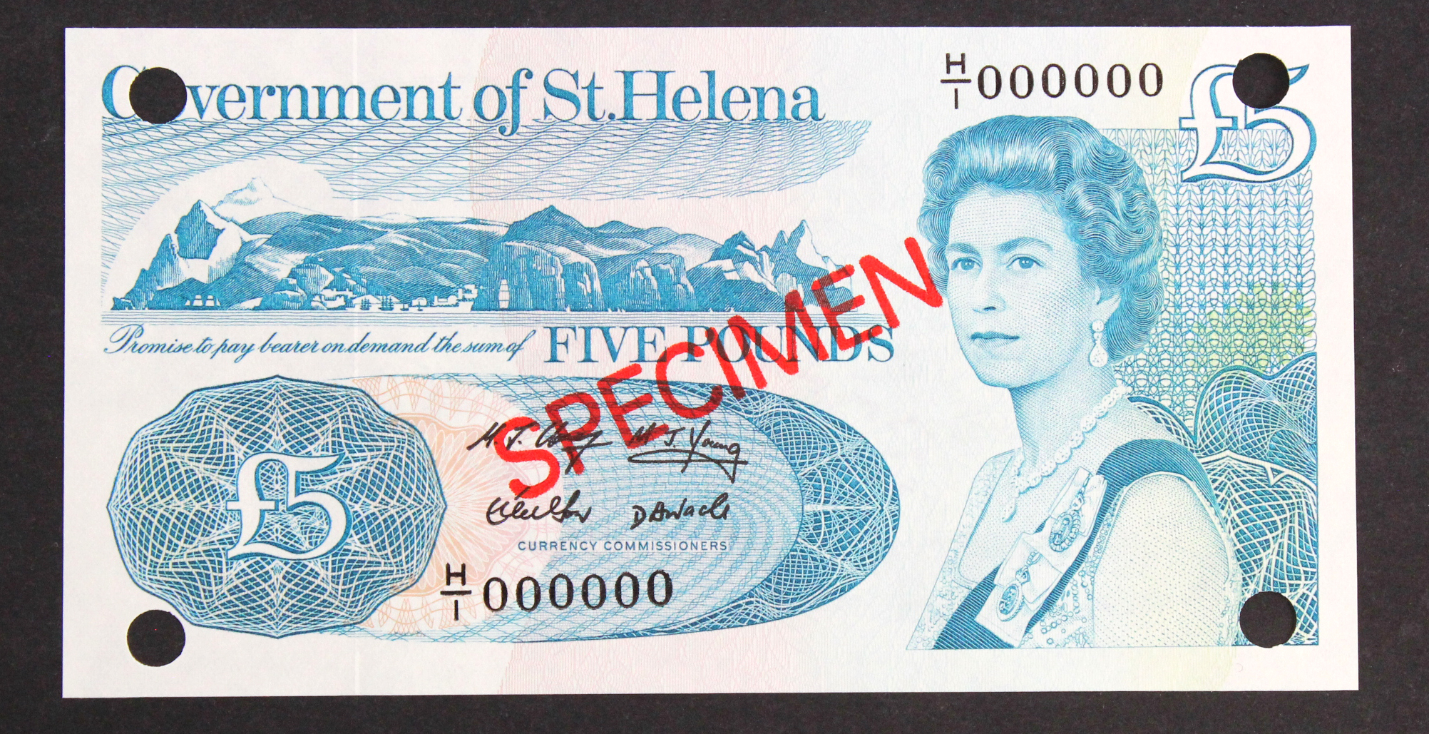 St. Helena 5 Pounds issued 1998, SPECIMEN note serial H/1 000000, diagonal overprint 'specimen' in