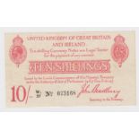 Bradbury 10 Shillings issued 1915, 6 digit serial number W1/27 073168 (T13.2, Pick348a) small