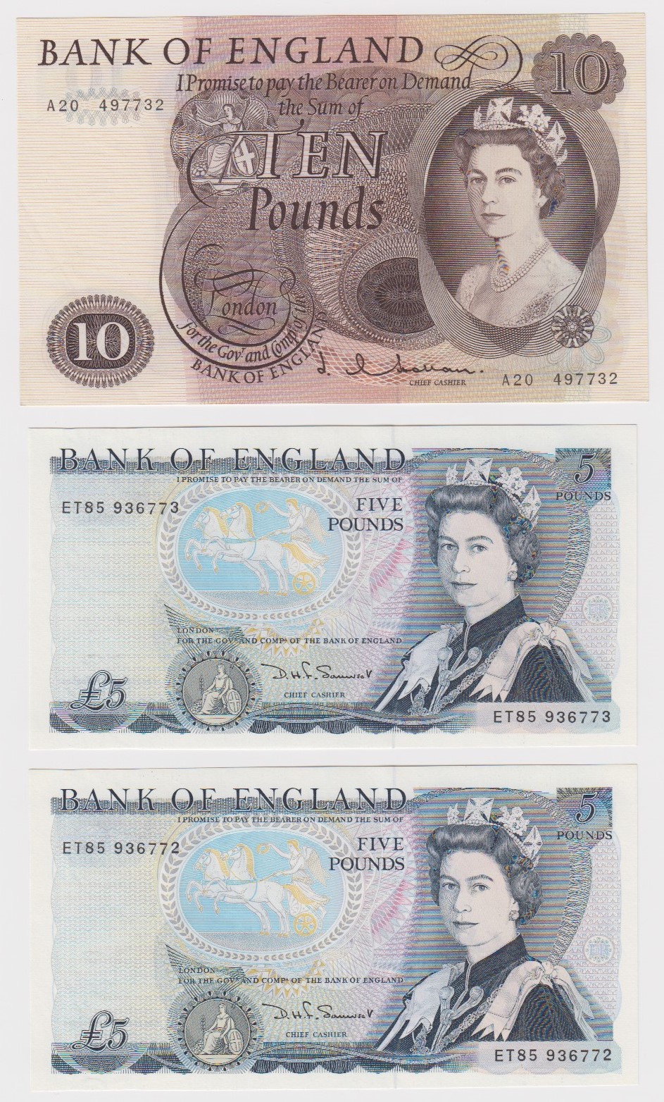 Bank of England (3), Hollom 10 Pounds issued 1964 serial A20 497732 (B299), Somerset 5 Pounds (2)