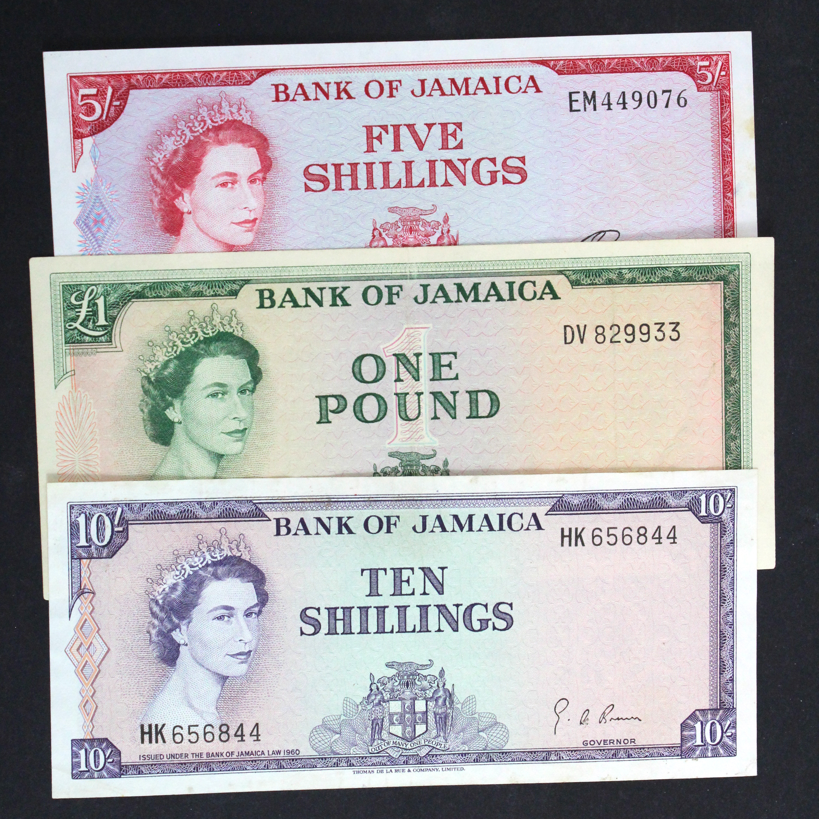 Jamaica (3), 1 Pound signed R.T.P. Hall, 10 Shillings signed G.A. Brown and 5 Shillings signed S.