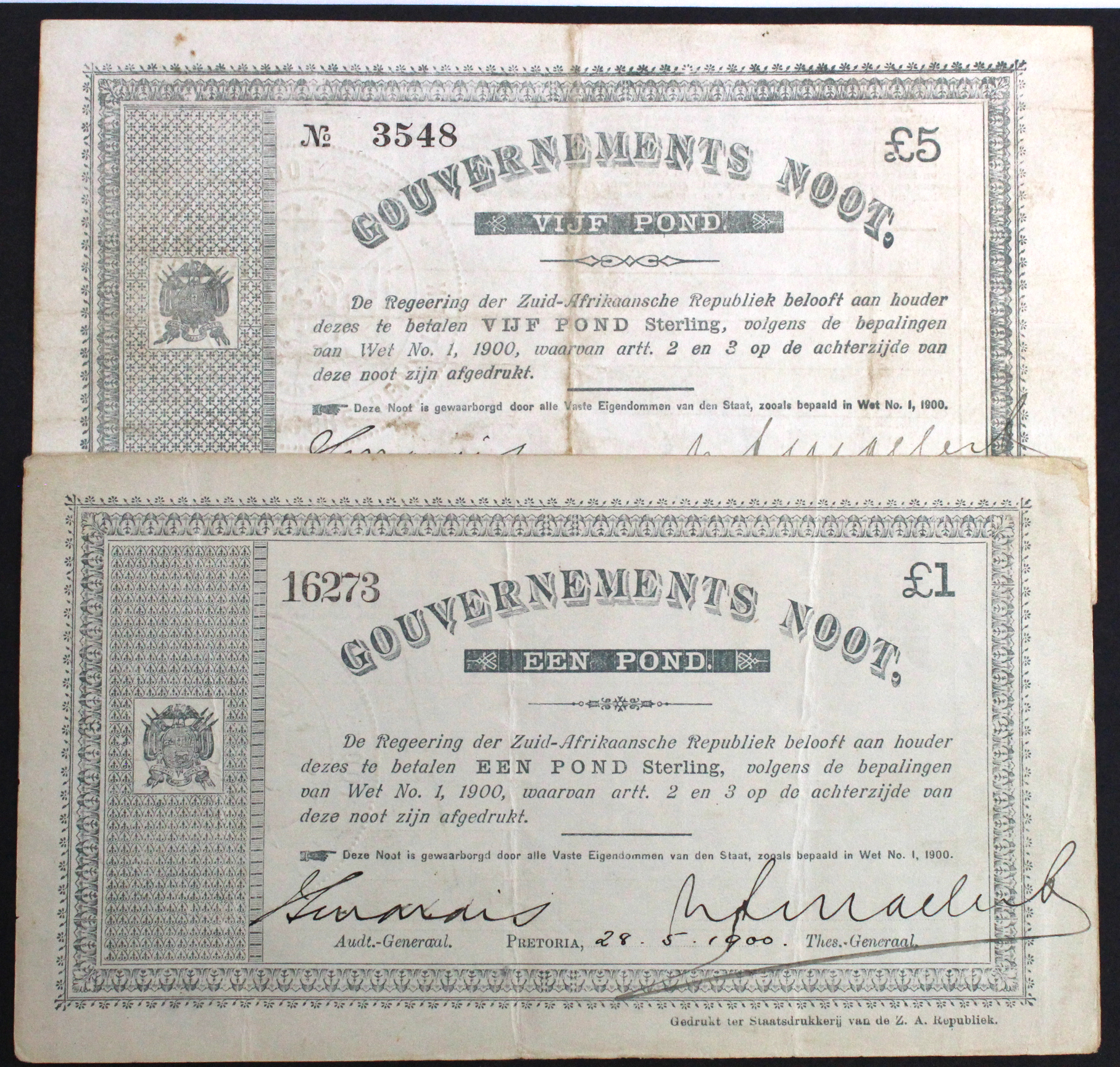 South Africa (2), 5 Pounds dated 28th May 1900, Gouvernments Noot Vijf Pond, Pretoria issue,