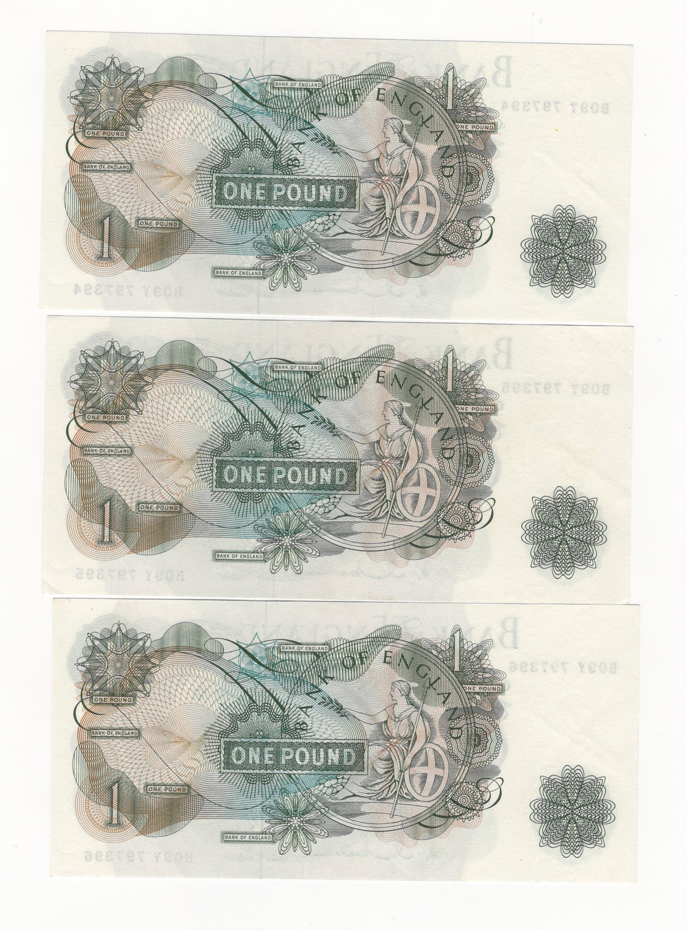 Hollom 1 Pound (3) issued 1963, a consecutive numbered run of last series notes prefix 'B09Y' - Image 2 of 2