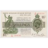 Warren Fisher 10 Shillings issued 1922, FIRST SERIES serial J/12 919731 (T30, Pick358) cleaned &