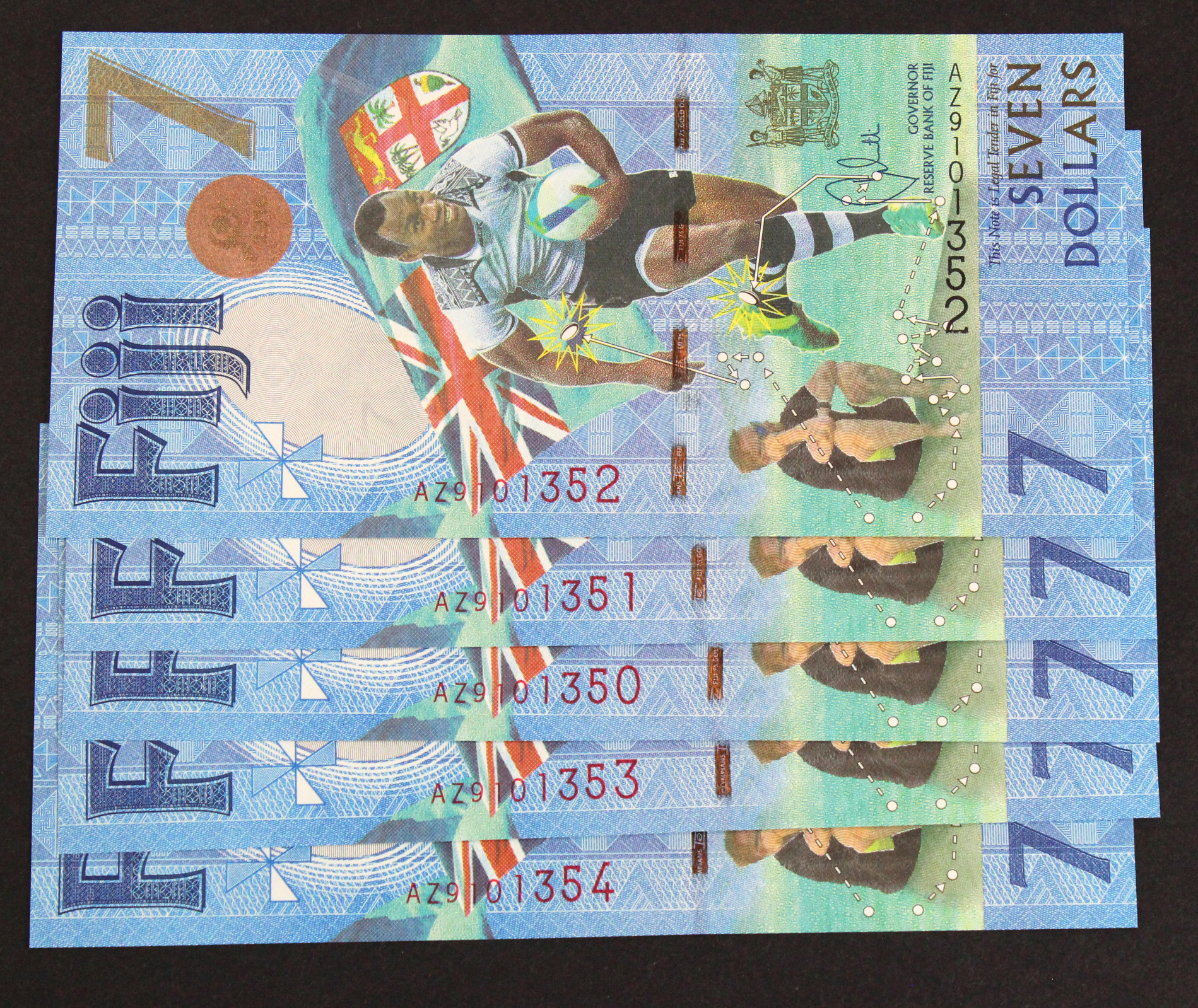 Fiji 7 Dollars (5) issued 2017, Commemorative Fiji Rugby 7's Gold Medal, a consecutively numbered