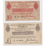 Bradbury (2), 10 Shillings issued 1915 serial G/78 25120 (T12.1, Pick348a), 1 Pound issued 1914,