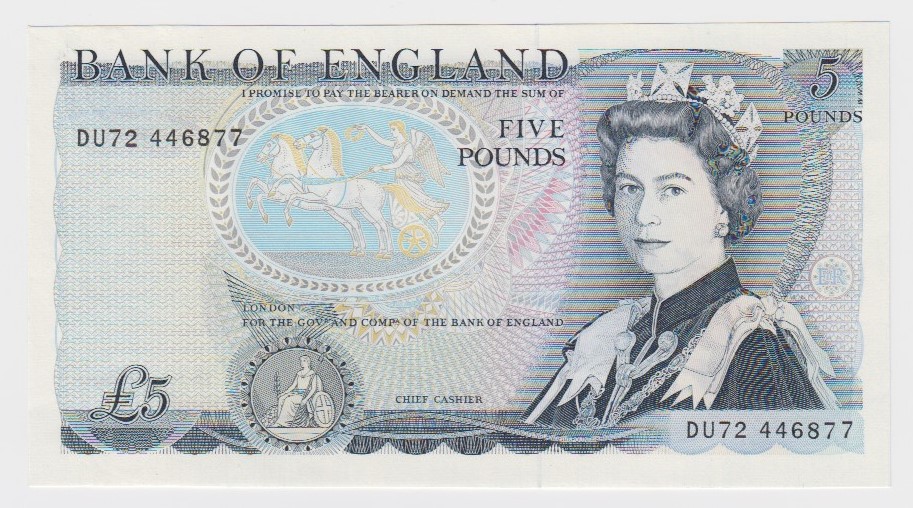 ERROR Somerset 5 Pounds issued 1980, scarce LAST RUN 'DU72' error missing signature, serial DU72