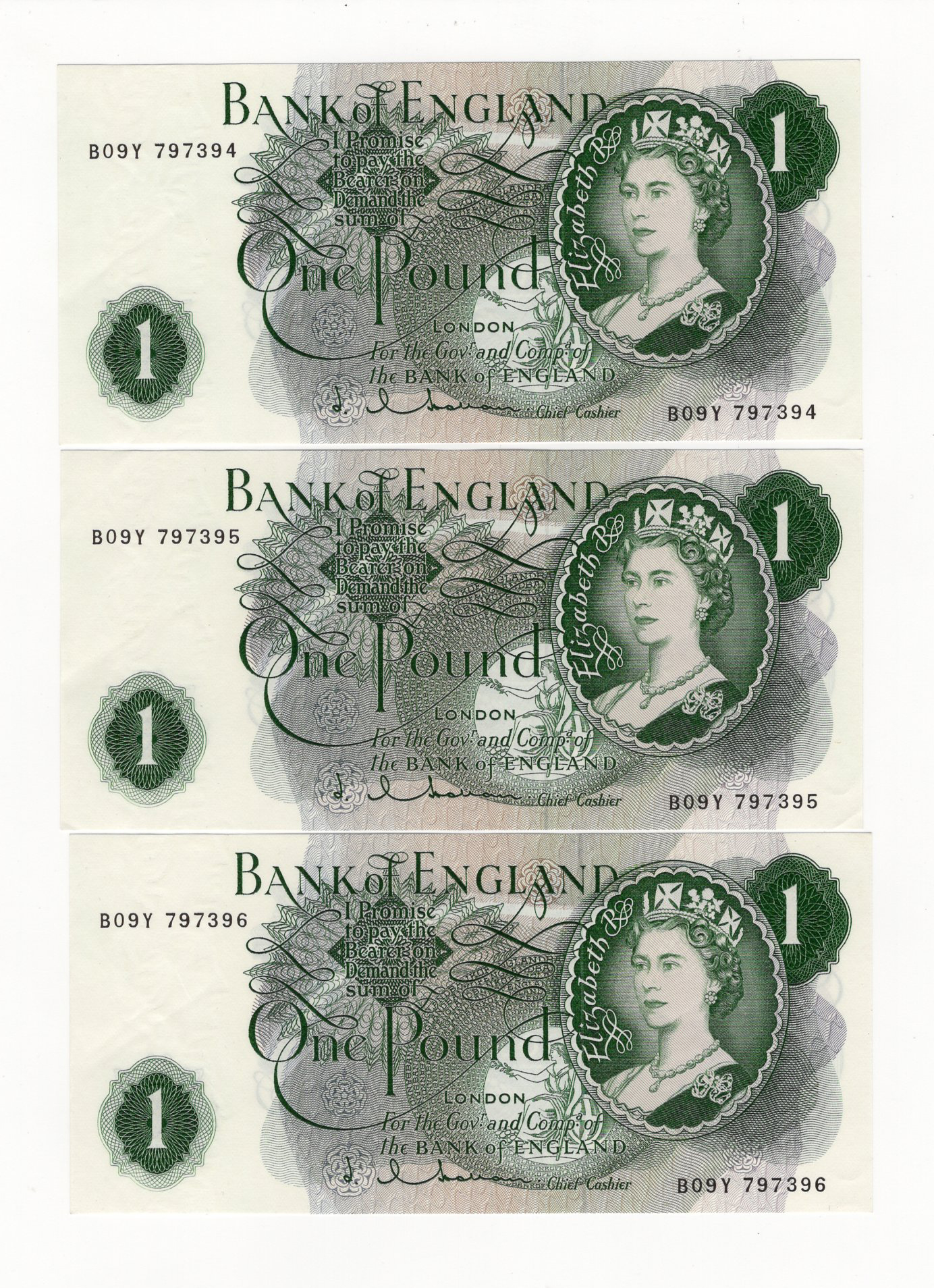 Hollom 1 Pound (3) issued 1963, a consecutive numbered run of last series notes prefix 'B09Y'