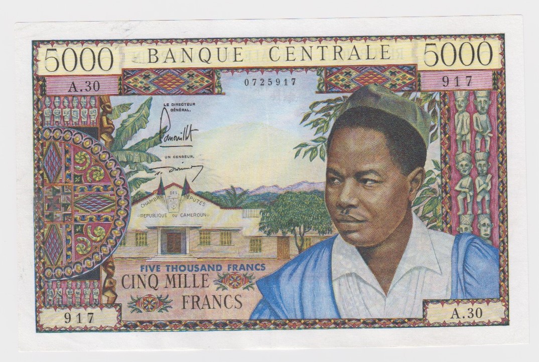 Cameroun 5000 Francs issued 1962, serial A.30 0725917 (TBB B307a, Pick13a) cleaned & pressed VF+