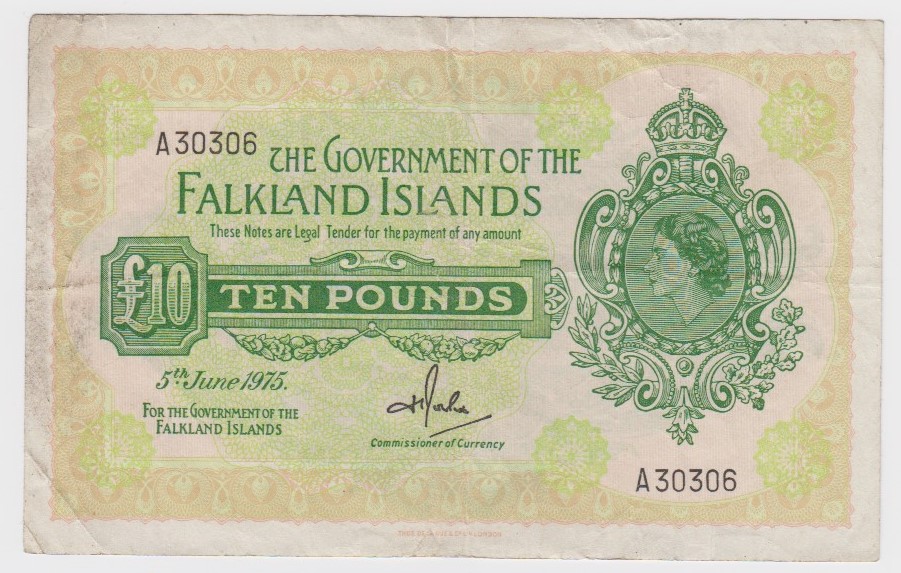 Falkland Islands 10 Pounds dated 5th June 1975, serial A30306 (TBB B216a, Pick11a) one small edge