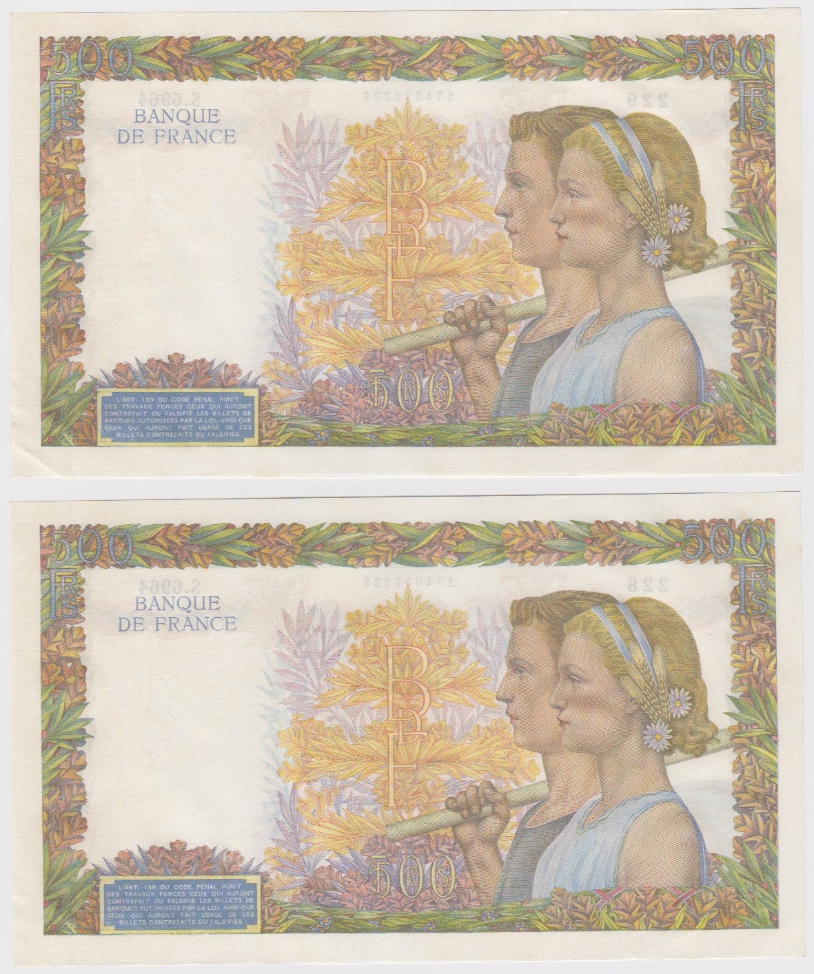 France 500 Francs (2) dated 1st October 1942, a consecutively numbered pair, serial S.6964 228 & S. - Image 2 of 2