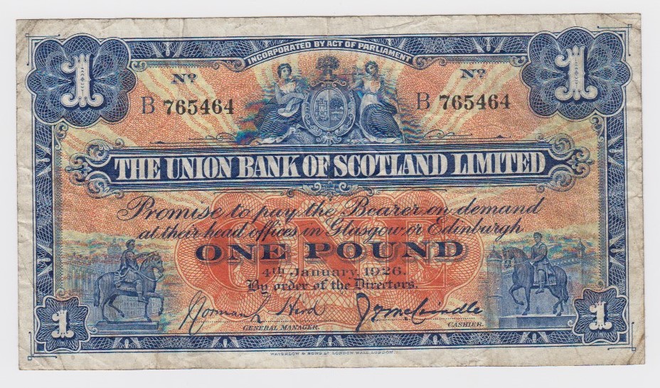 Scotland, Union Bank 1 Pound dated 4th January 1926, rare very early date for this design, signed N.