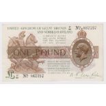 Warren Fisher 1 Pound issued 1927, rarer 'Z1' prefix Control Note serial Z1/80 867757, Great Britain