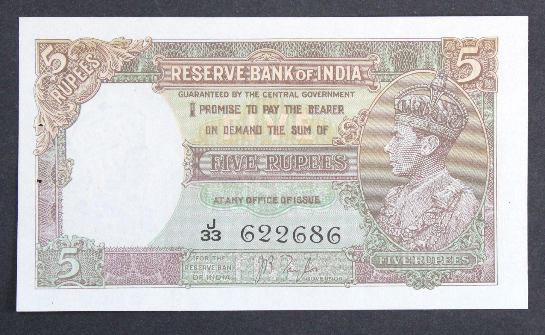 India 5 Rupees issued 1937, signed J.B. Taylor, portrait King George VI at right, serial J/33 622686