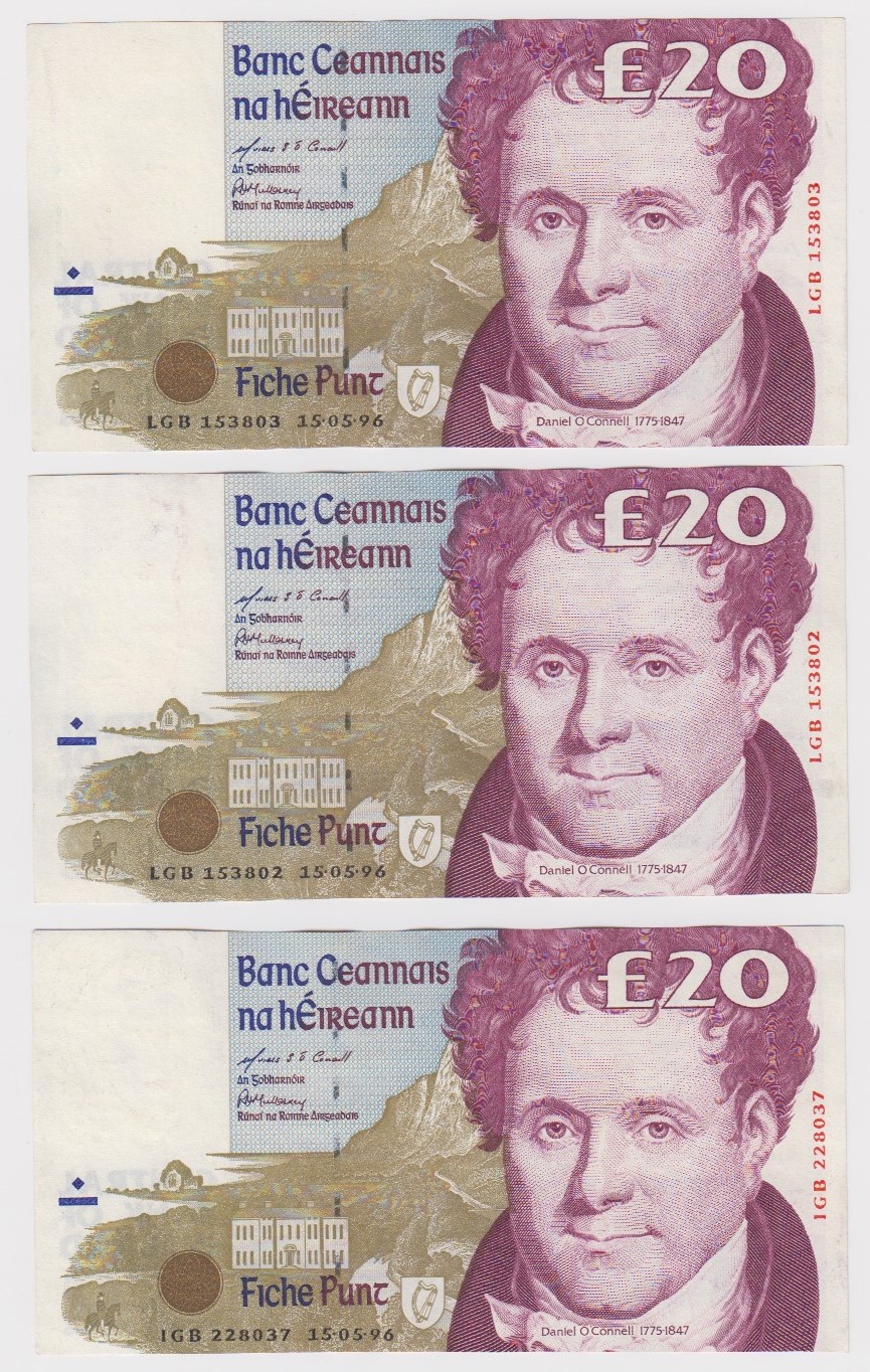 Ireland Republic 20 Pounds (3) dated 15th May 1996, includes a consecutively numbered pair (PMI