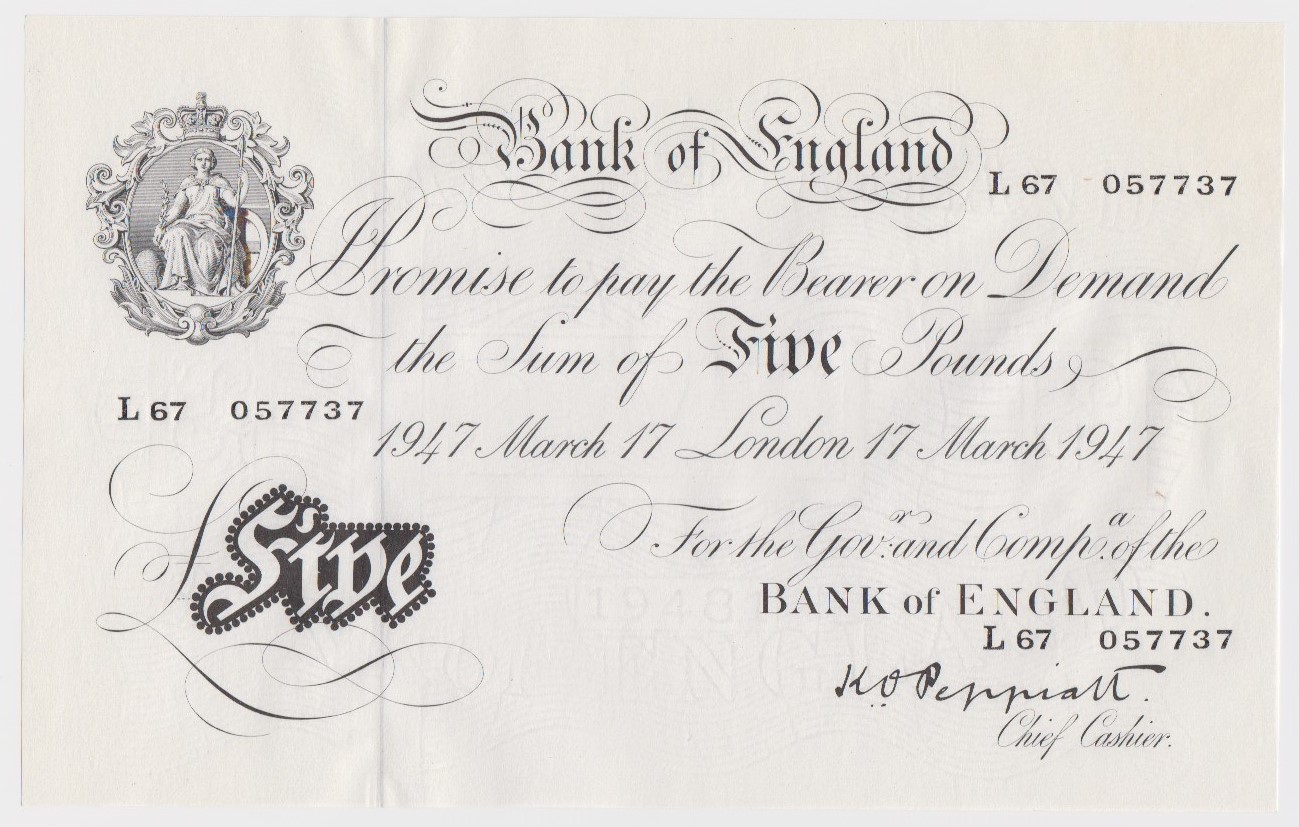 Peppiatt 5 Pounds dated 17th March 1947, serial L67 057737, London issue on thin paper, a