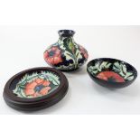 Moorcroft (3) All by Rachel Bishop. "Poppy" vase with silver line in box, "Poppy" pin dish with