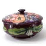 Moorcroft "Pansy" round trinket box by Rachel Bishop. 1st Quality, boxed