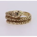 9ct yellow gold coiled snake ring set with heavy texturing and ruby eyes, finger size U, weight 6.