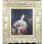Oil on Panel. Mid 19th century portrait of an expressive young lady decanting from an apothecary