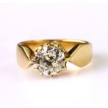 18ct yellow gold ring featuring a single cushion shaped old cut diamond weighing approx. 1.25ct in a