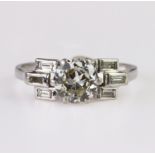 Platinum ring set with central round brilliant cut diamond weighing approx. 1.0ct, diamond appears