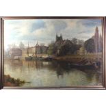 Oil on canvas, circa 19th Century, depicting a riverside view of the Thames at Old Isleworth,