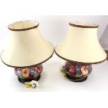 Pair of Moorcroft "Pansy" design lamps by Rachel Bishop, 1st quality with shades