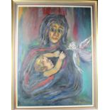 Large Oil on Canvas by Somoza del Paramo (Brush name). Portrait of a woman and child. Framed.