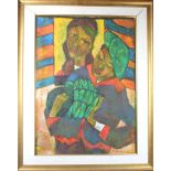 Mid Century, heavily textured portrait depicting two women. Possibly South/Latin American origin.