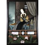 Chinese interest. A large Chinese reverse painting on glass, depicting a female figure reading /