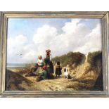 Jan Gerard Smits (Dutch, 1823-1910) Oil on panel. Beach scene of a mother with children and their