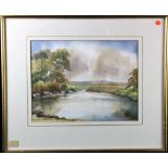 Madeleine Beveridge (20th C.), watercolour, depicting a lake surrounded by trees, signed by artist