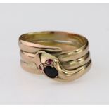 9ct rose gold snake ring in a triple coil, with an oval sapphire head and ruby eyes, finger size