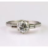 Platinum ring set with single round old cut diamond weighing approx. 0.90ct set in a six claw mount,